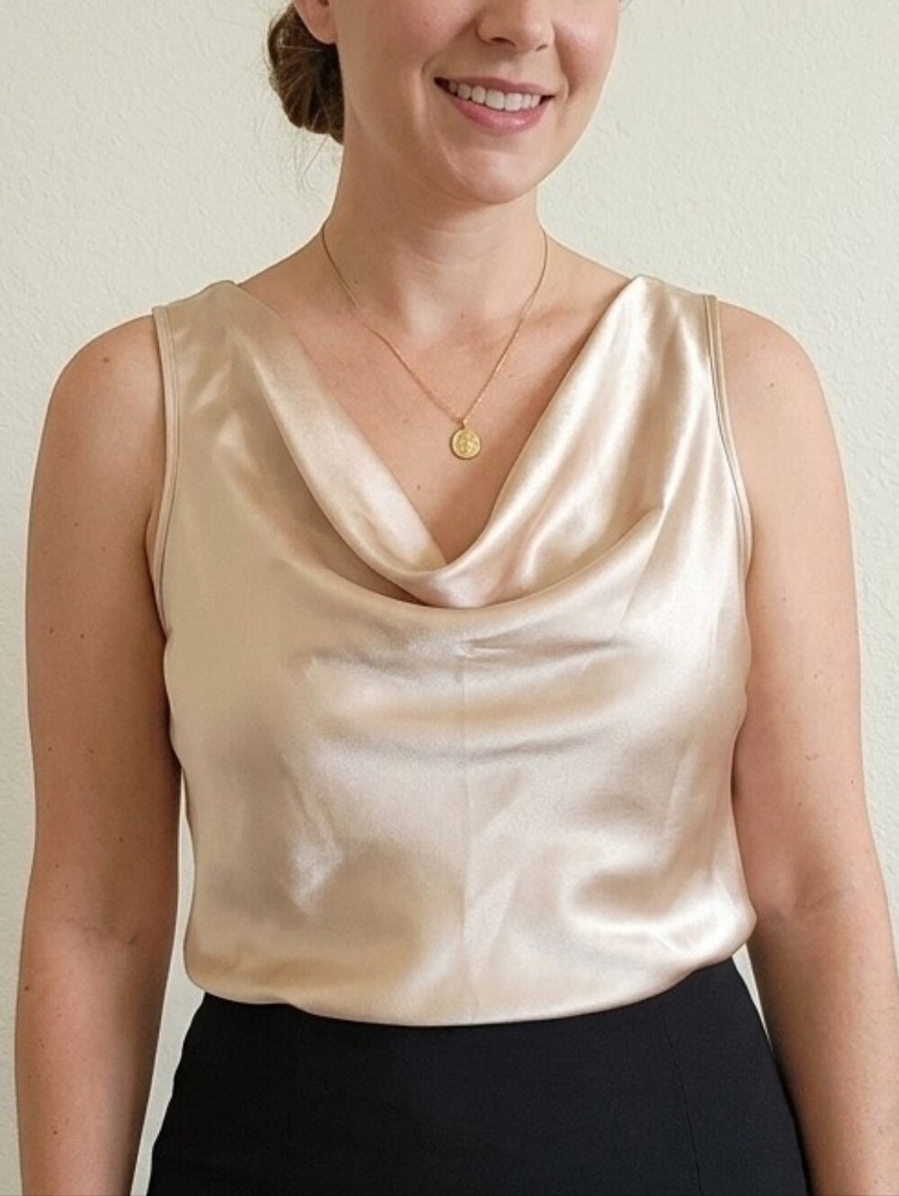 Champagne Satin Cowl Neck Sleeveless Blouse Women's XL